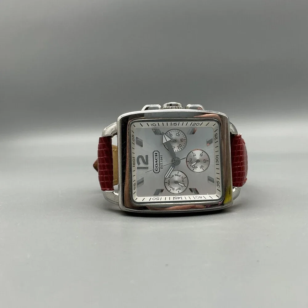 Coach Boyfriend Square Womens Watch 32mm Silver Dial Red Leather New Battery